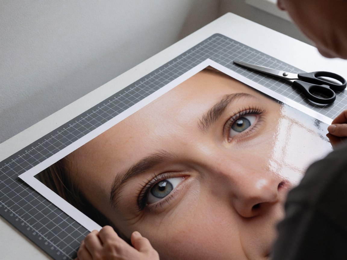 Des mains professionnelles utilisent des ciseaux pour couper une impression graphique posée sur un tapis de découpe, révélant les détails et l'épaisseur du papier.