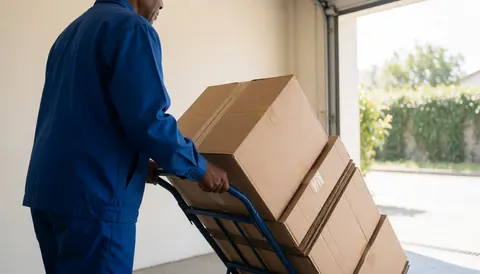 Un travailleur portant un uniforme bleu pousse un chariot chargé de cartons à proximité d'une porte de garage, illustrant une scène logistique et la préparation des expéditions dans un entrepôt.