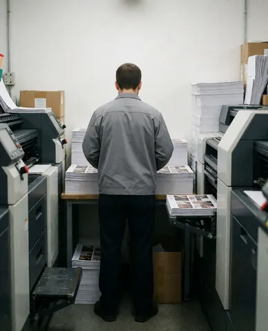 Un technicien en imprimerie examine des piles de brochures imprimées au milieu des machines, avec une pile de papier et un mur blanc en arrière-plan.