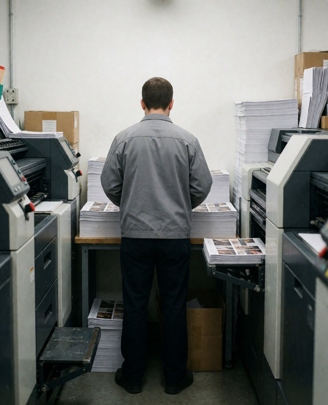 Un technicien en imprimerie examine des piles de brochures imprimées au milieu des machines, avec une pile de papier et un mur blanc en arrière-plan.