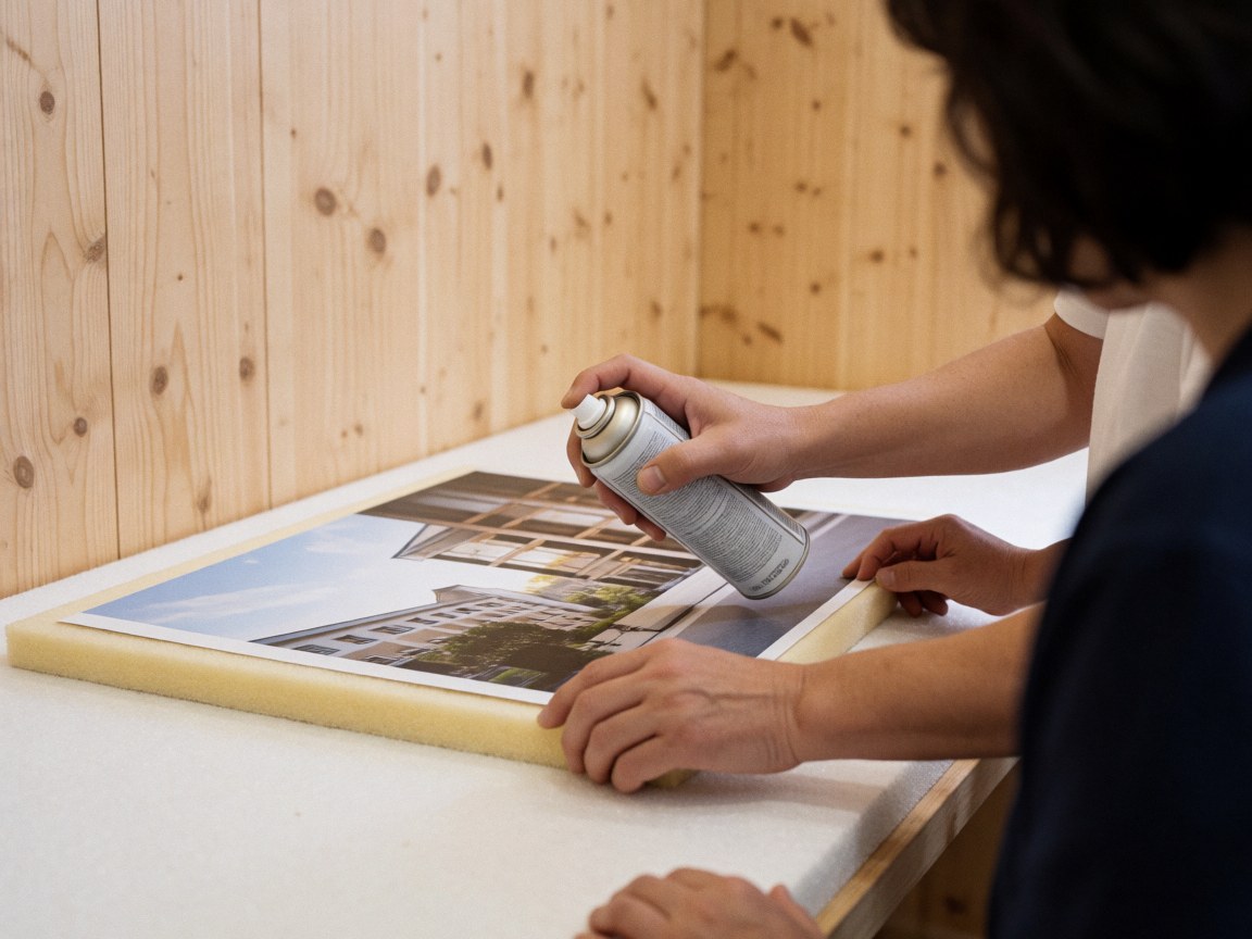 Une main applique un adhésif en spray sur une impression graphique fixée sur un panneau en mousse dans un atelier.