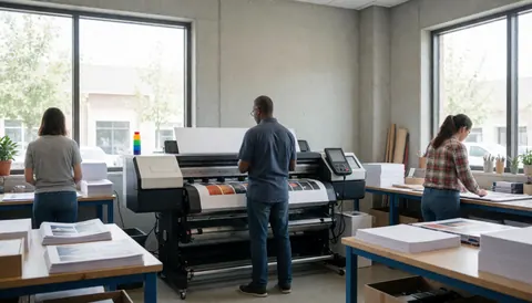 Trois collaborateurs utilisent une imprimante digitale dans un atelier graphique lumineux avec tables et piles de papier.