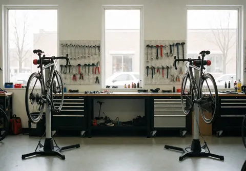 Deux vélos posés sur des supports de réparation dans un atelier. Des outils sont accrochés aux murs et des tables de travail propres sont visibles, le tout éclairé par la lumière naturelle des fenêtres.