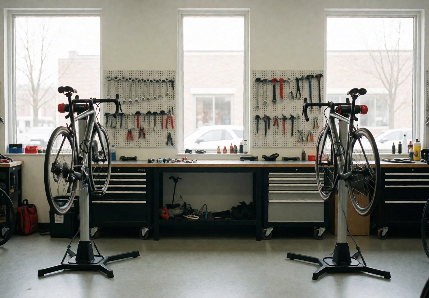 Deux vélos posés sur des supports de réparation dans un atelier. Des outils sont accrochés aux murs et des tables de travail propres sont visibles, le tout éclairé par la lumière naturelle des fenêtres.