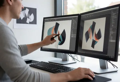 Un designer travaille à une station double écran en ajustant des graphiques vectoriels avec un stylet. Une épreuve imprimée est visible au mur, éclairée par la lumière naturelle.