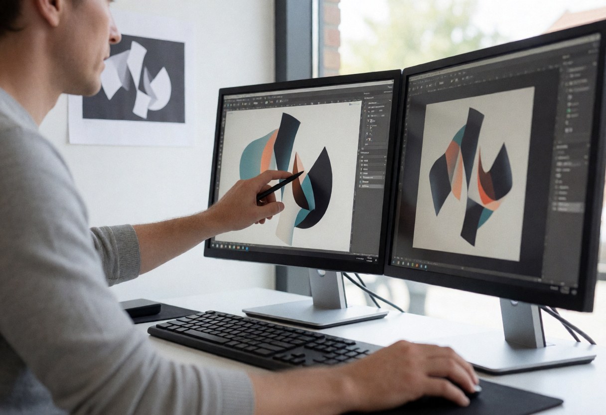 Un designer travaille à une station double écran en ajustant des graphiques vectoriels avec un stylet. Une épreuve imprimée est visible au mur, éclairée par la lumière naturelle.