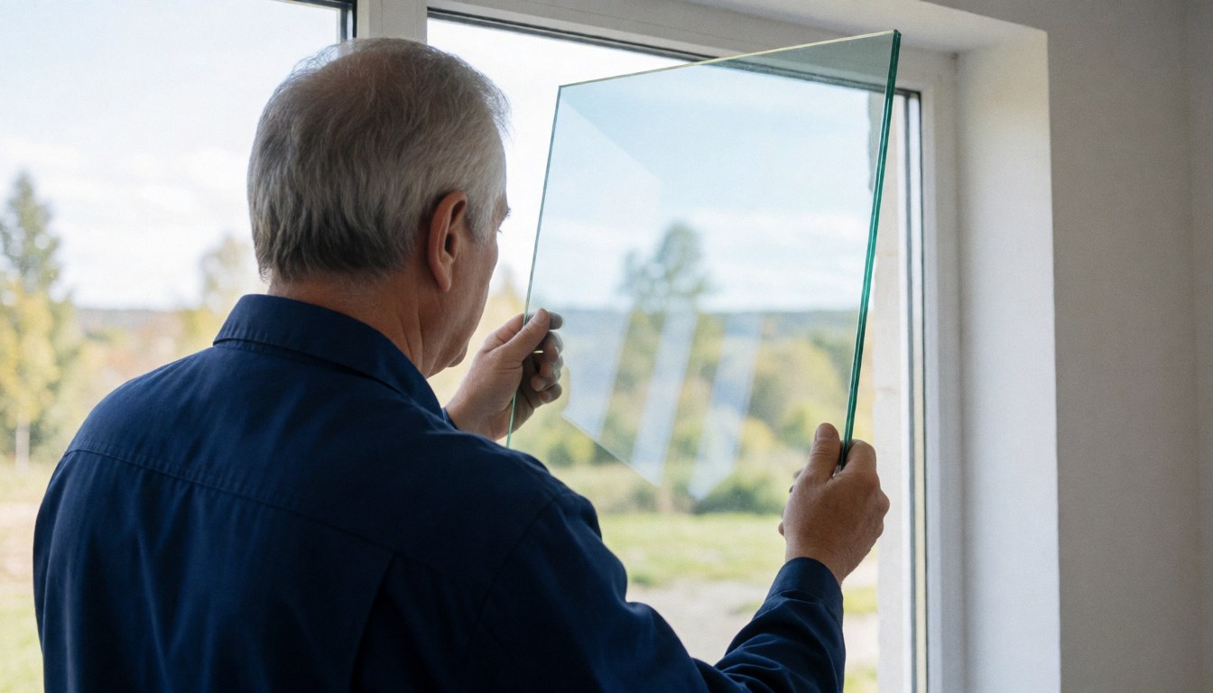 Un installateur place un panneau de verre trempé dans un cadre de fenêtre. La scène montre le travail d'installation avec lumière naturelle et un paysage en arrière-plan.