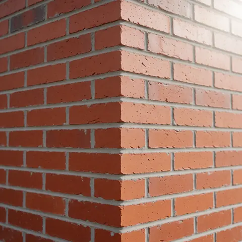 Vue rapprochée d'un mur de briques rouges posées avec du mortier gris, montrant la texture réaliste et les joints sous une lumière diffuse pour un usage architectural.