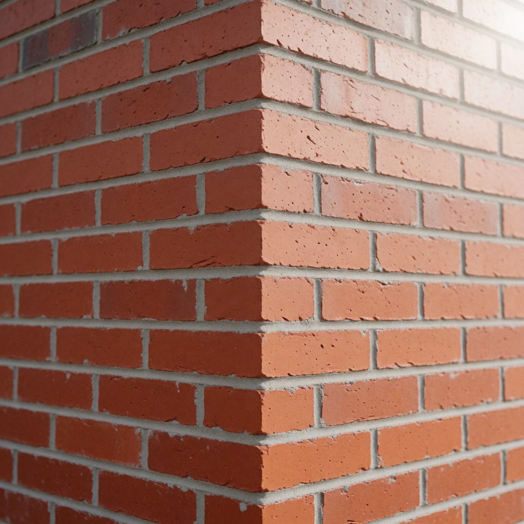 Vue rapprochée d'un mur de briques rouges posées avec du mortier gris, montrant la texture réaliste et les joints sous une lumière diffuse pour un usage architectural.
