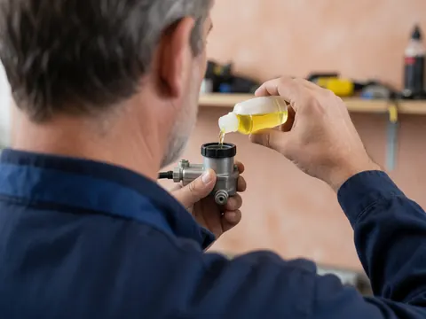 Un mécanicien en tablier bleu verse un fluide jaune dans le cylindre de frein d'une moto dans un atelier au fond flou.