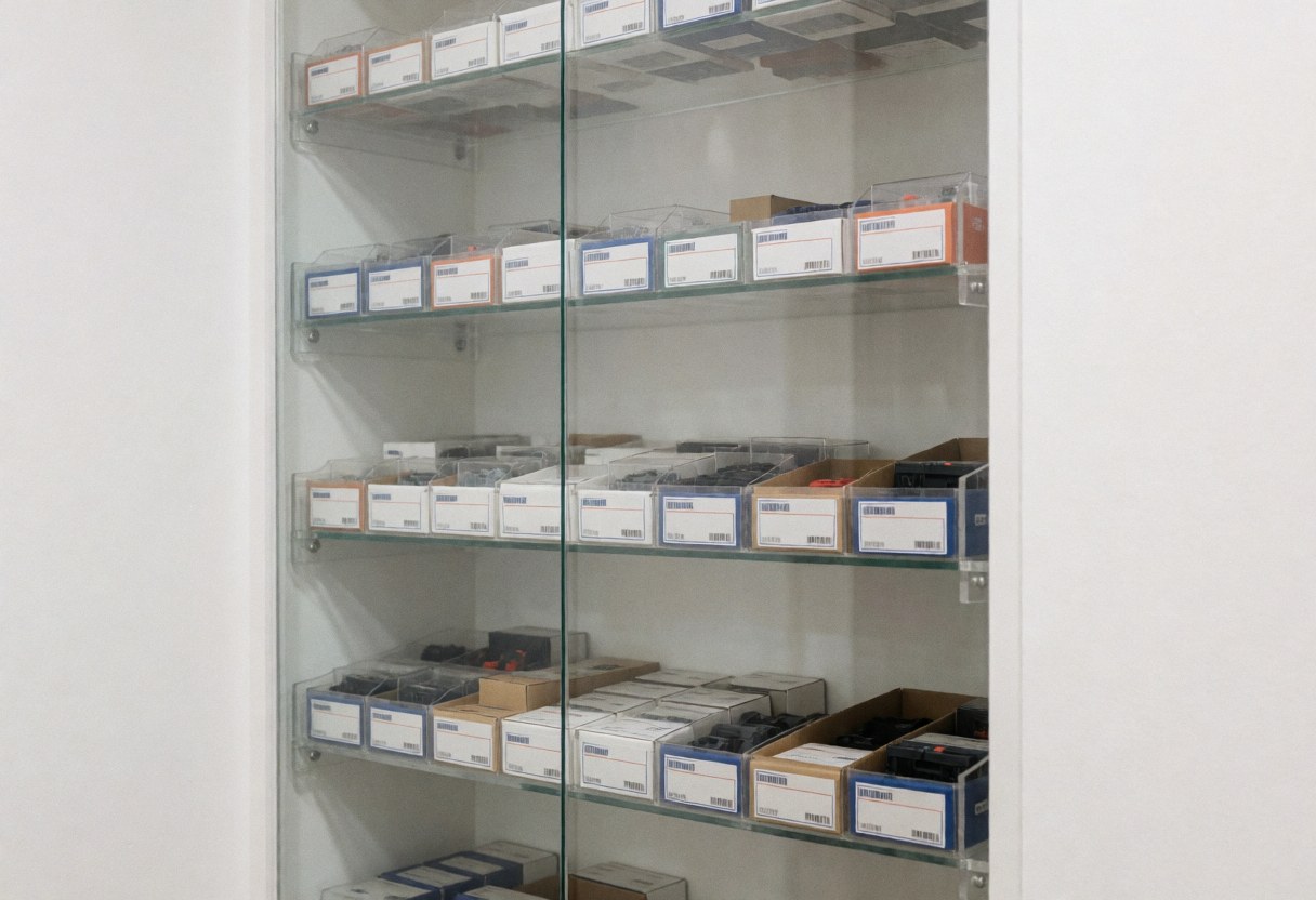 Vitrine en verre contenant des étagères remplies de boîtes de pièces électroniques sur fond blanc avec un éclairage uniforme pour une boutique de réparation.