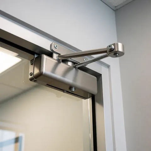Fermeture automatique de porte de sécurité équipée d'un bras hydraulique, installée sur un cadre de porte en verre avec des murs gris et une éclairage professionnel.