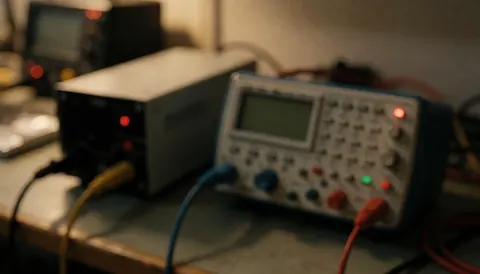 Fond de laboratoire avec instruments de mesure et câbles pour textes, éclairage chaud et ambiance professionnelle.