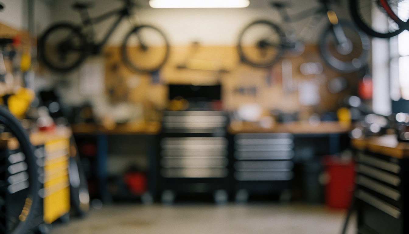 Vue floue d'un atelier de vélo avec des bicyclettes suspendues, des caisses à outils et des tables de travail, servant de fond pour du texte ou un logo.