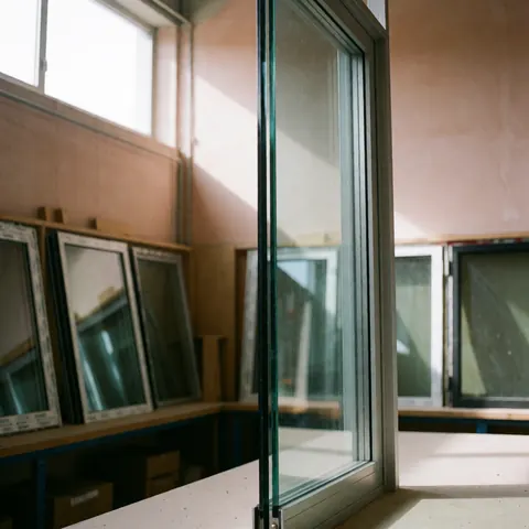 Fenêtre en aluminium équipée d'un verre épais installée dans un atelier de pose, éclairée par la lumière naturelle, avec des cadres de fenêtres rangés en arrière-plan sur un mur terracotta.
