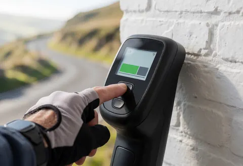 Gros plan d'une main portant un gant de cyclisme en train d'appuyer sur le bouton d'un écran affichant une batterie entièrement chargée, avec une route de montagne en arrière-plan sous la lumière du matin.