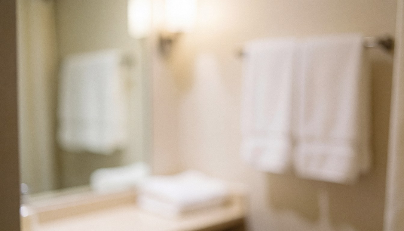 Fond de salle de bain avec des serviettes blanches suspendues, un miroir et une lumière chaude, idéal pour les services de massage et spa.