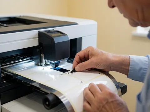 Un opérateur guide un ruban d'étiquettes à travers une imprimante, illustrant le processus d'impression en détail avec une lumière vive et un fond beige.