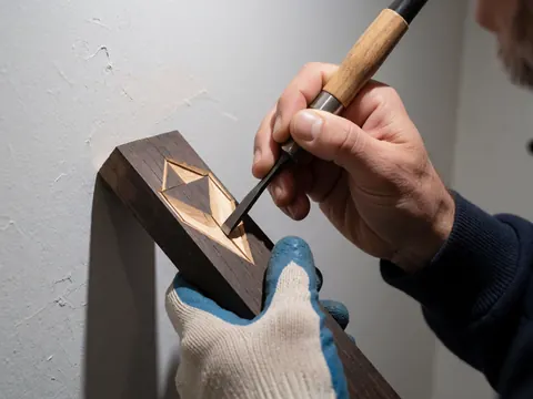 Main gantée sculptant un motif géométrique sur du bois foncé avec un couteau de menuisier, éclairage direct et fond gris clair.