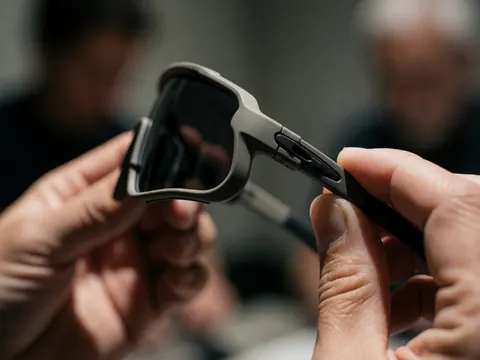 Vue rapprochée de lunettes de cyclisme avec charnières et lentille polarisée, tenues par des mains sur un fond flou.