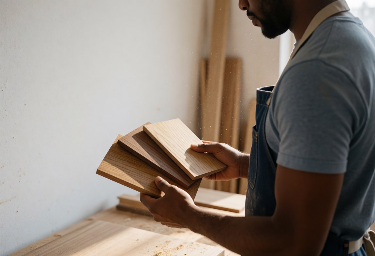 Un menuisier en atelier porte un tablier et examine des planches de bois à grain visible avec une lumière naturelle.