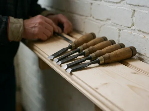 Ciseaux à bois à manche usé posés sur une planche de pin, mains travaillant devant un mur de briques blanches.