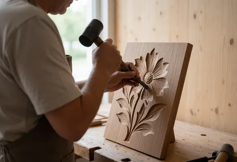 Un artisan sculpte un panneau de bois avec un marteau et un ciseau, une fleur émergeant de la sculpture, éclairée par la lumière naturelle d'une fenêtre dans un atelier aux murs clairs.