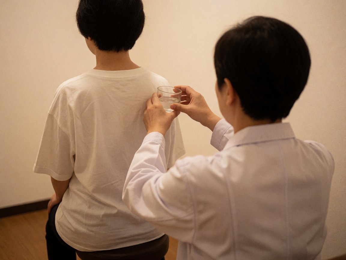 Un thérapeute en blouse blanche utilise une ventouse en verre sur l'épaule d'un client en t-shirt blanc, dans une pièce lumineuse et apaisante.