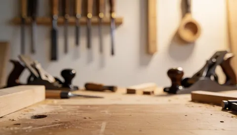 Fond d'atelier de menuiserie avec outils en bois, plans et ciseaux suspendus, surface en bois avec sciure, éclairage chaleureux et ambiance professionnelle.