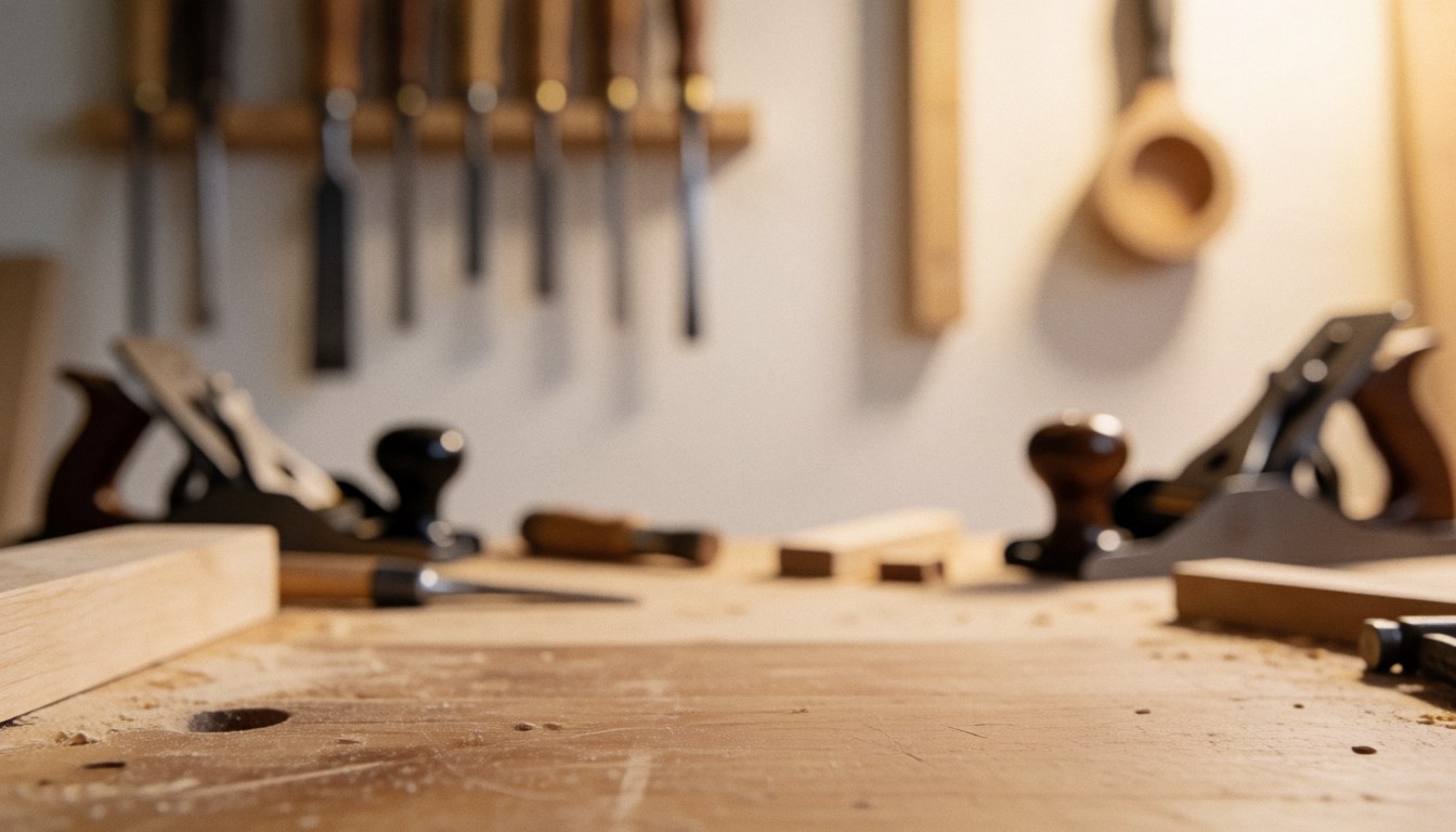 Fond d'atelier de menuiserie avec outils en bois, plans et ciseaux suspendus, surface en bois avec sciure, éclairage chaleureux et ambiance professionnelle.