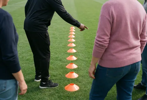 Un entraîneur de football sur un terrain vert indique une rangée de cônes orange pour l'entraînement, tandis que des personnes regardent l'exercice.