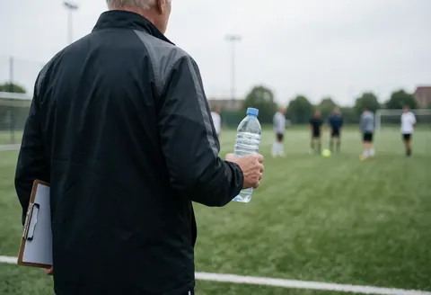 Un entraîneur de football marche sur le terrain avec une bouteille d'eau et un classeur, surveillant les joueurs en arrière-plan.