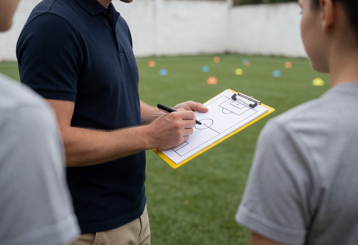 Un entraîneur de football trace un diagramme tactique sur un tableau jaune pendant qu'un joueur observe depuis l'arrière sur un terrain d'entraînement.