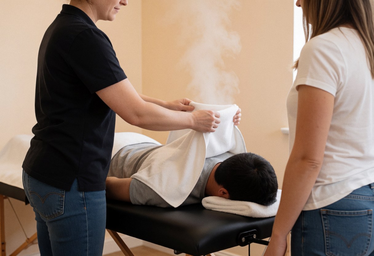 Un thérapeute applique une serviette chaude sur les épaules d'un client allongé sur une table de massage dans une pièce beige avec de la vapeur visible.