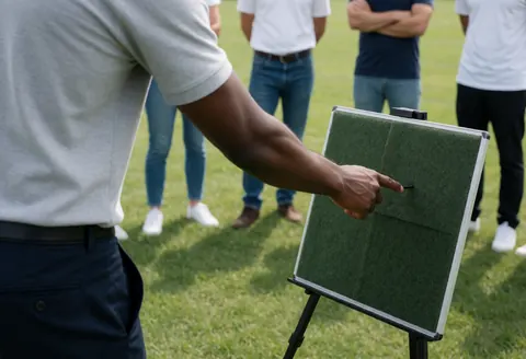 Un entraîneur de football montre une tactique à son groupe sur un terrain en pointant un tableau vert, avec des joueurs en arrière-plan.
