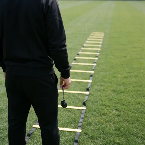 Un entraîneur de football tient un chronomètre en regardant une échelle d'agilité jaune sur l'herbe verte, prêt à entraîner la vitesse.