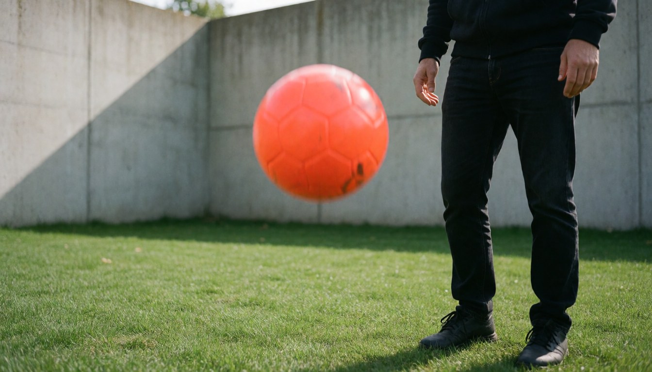 Balle de football orange en mouvement sur l'herbe avec un mur de béton en arrière-plan, scène d'entraînement extérieur.