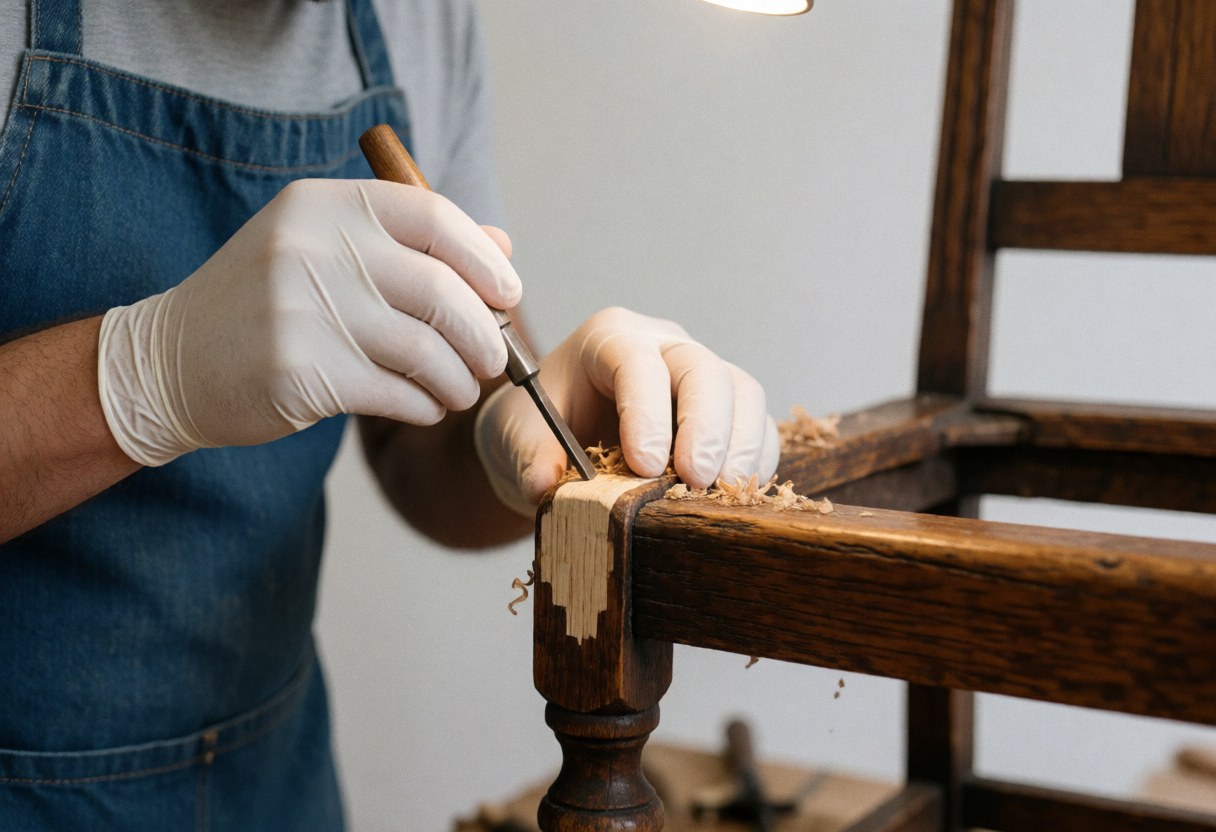 Un artisan portant des gants blancs et un tablier bleu répare un meuble ancien avec un ciseau dans un atelier éclairé.
