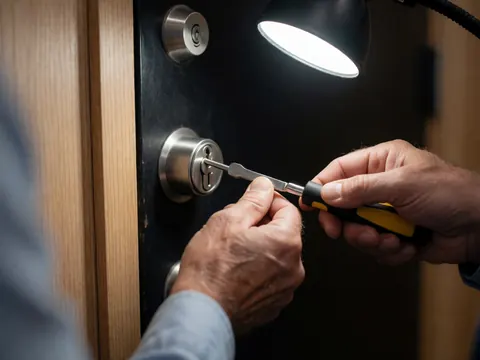 Gros plan d'une main utilisant un outil pour ouvrir une serrure de porte sous l'éclairage d'une lampe de travail, sur fond en bois et métal.
