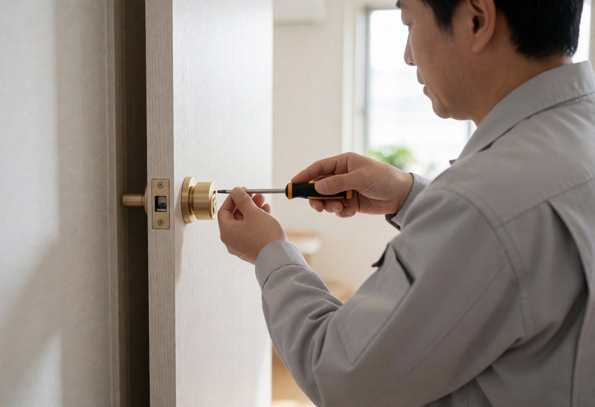 Technicien installe une serrure en bronze sur une porte blanche avec un outil de précision dans un couloir résidentiel bien éclairé.