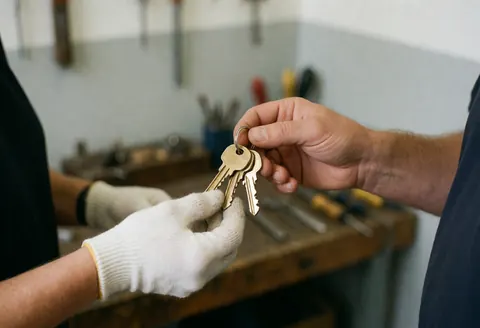 Un serrurier en gant blanc remet trois clés en laiton à un client dans son atelier, avec des outils en arrière-plan flou.