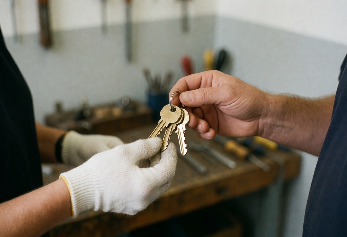 Un serrurier en gant blanc remet trois clés en laiton à un client dans son atelier, avec des outils en arrière-plan flou.