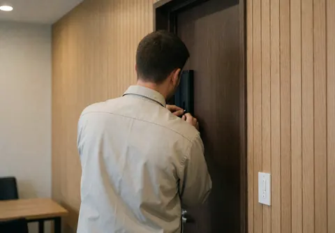 Un technicien en serrurerie installe une plaque de sécurité sur une porte en bois sombre dans un intérieur aux murs clairs et à la lumière douce.