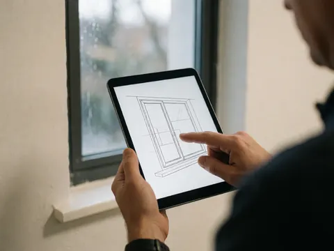 Un professionnel tient une tablette affichant un dessin technique d'une fenêtre et pointe un détail avec son doigt dans un environnement de chantier.