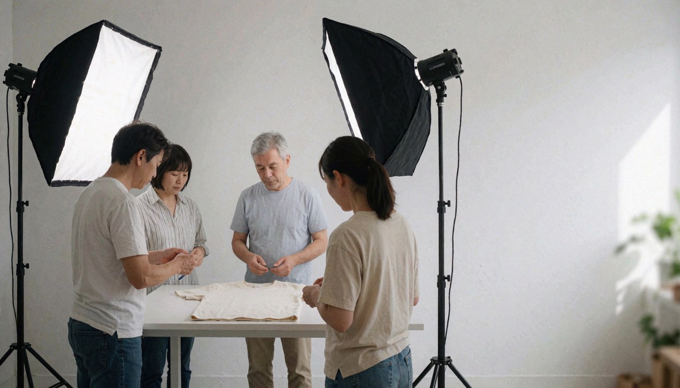 Quatre professionnels vérifient un t-shirt blanc posé sur une table dans un studio avec éclairage softbox et murs blancs.