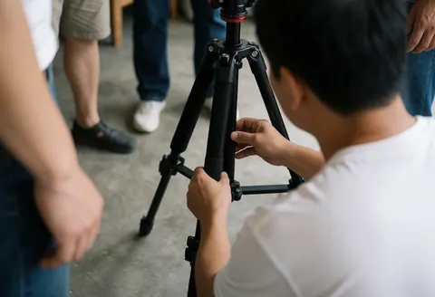Un photographe professionnel ajuste un trépied noir dans un studio au sol en béton, avec d'autres personnes debout autour.