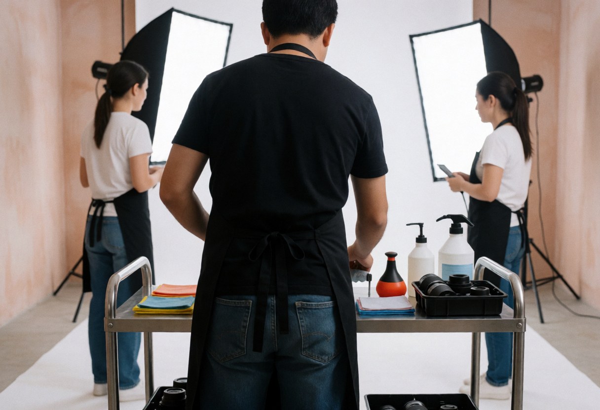 Un photographe professionnel range du matériel de nettoyage pour objectifs et des accessoires sur un chariot métallique dans un studio aux murs terracotta, avec deux assistants en arrière-plan.