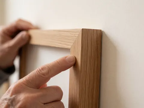 Gros plan d'une main adulte réglant un cadre en bois à grain visible contre un mur blanc, mettant en valeur la texture et le détail du travail artisanal.