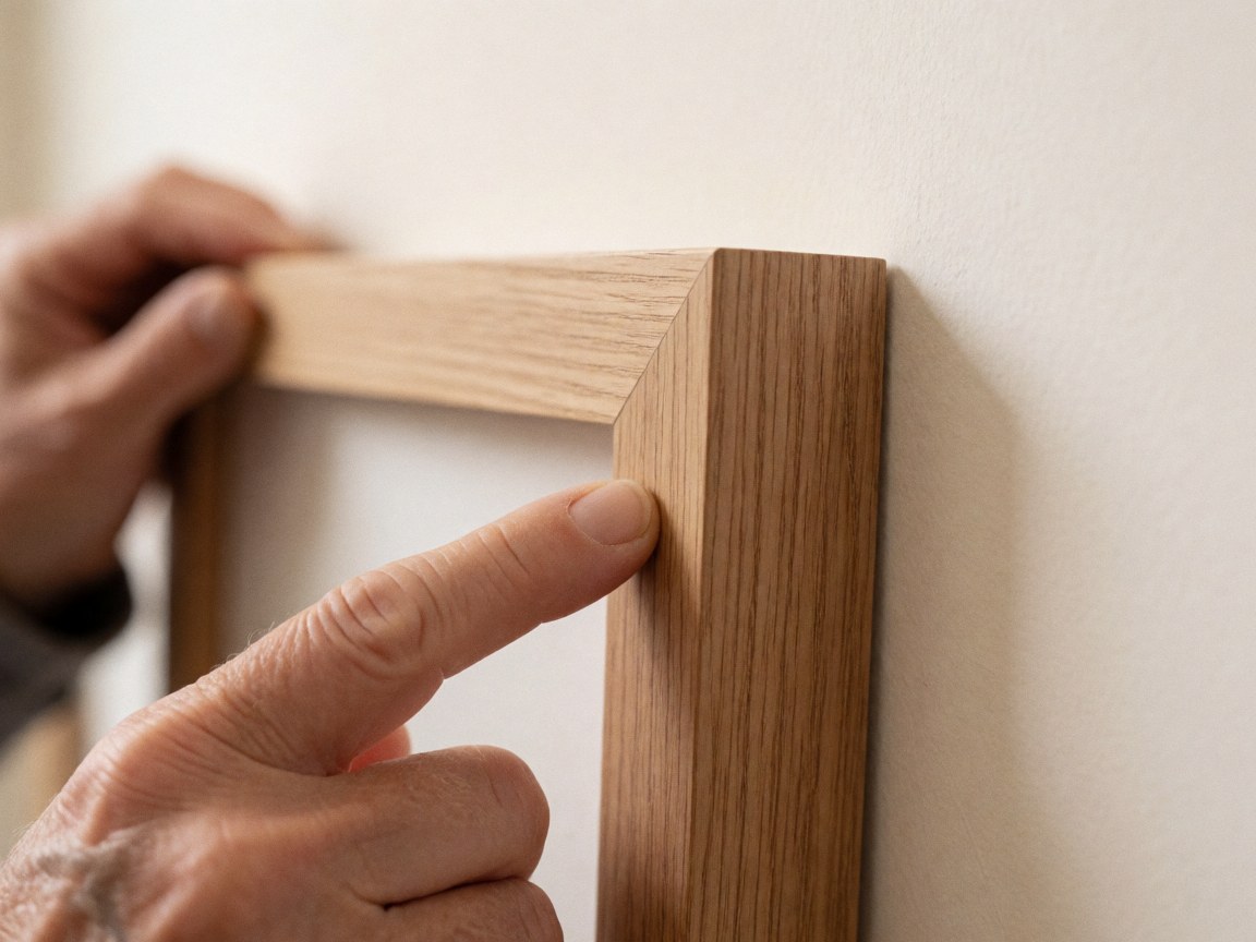 Gros plan d'une main adulte réglant un cadre en bois à grain visible contre un mur blanc, mettant en valeur la texture et le détail du travail artisanal.