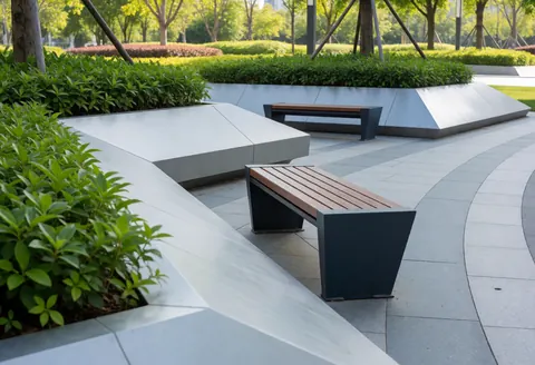 Parc urbain avec des bancs au design contemporain, de la végétation verte et des allées en pierre, offrant un cadre idéal pour des prises de vue extérieures.